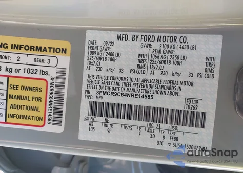 2022 Ford Bronco Sport Outer Banks z USA, uszkodzony, nr VIN 3FMCR9C64NRE14585